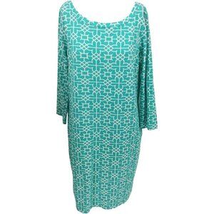 Gretchen Scott Knit Shift 3/4 Sleeve Geometric Dress Size L Jersey Blue Stretch